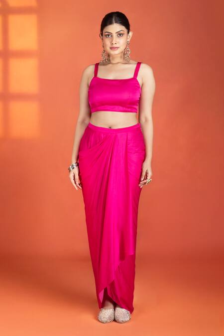 Tanu Malhotra_Fuchsia Silk, Modal, Satin Embroidery, Metallic Floral Jacket Drape Skirt Set _Online_at_Aza_Fashions