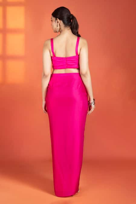 Buy_Tanu Malhotra_Fuchsia Silk, Modal, Satin Embroidery, Metallic Floral Jacket Drape Skirt Set _Online_at_Aza_Fashions