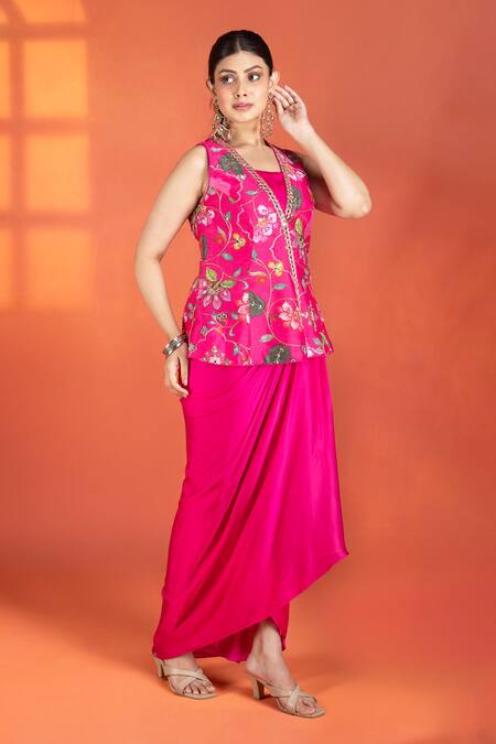 Buy_Tanu Malhotra_Fuchsia Silk, Modal, Satin Embroidery, Metallic Floral Jacket Drape Skirt Set 