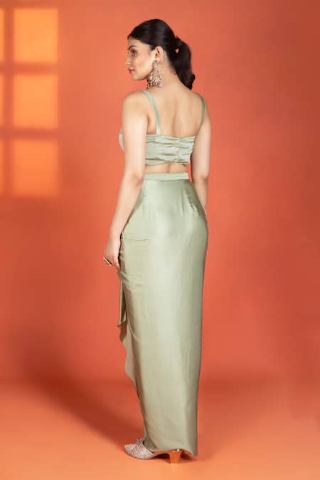 Tanu Malhotra_Green Silk, Modal, Satin Embroidery, Mirrors Floral Jacket Draped Skirt Set _Online_at_Aza_Fashions