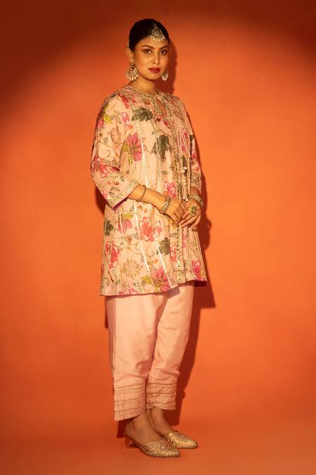 Tanu Malhotra_Pink Organza Embroidery, Mirrors, Foil Floral Printed Angrakha Kurta Set _Online_at_Aza_Fashions