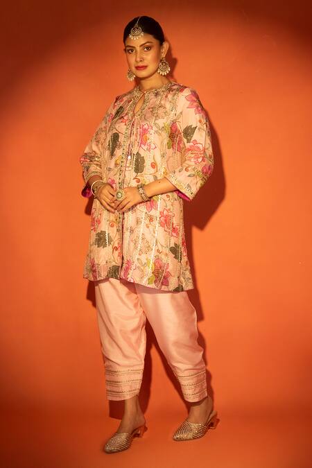 Tanu Malhotra_Pink Organza Embroidery, Mirrors, Foil Floral Printed Angrakha Kurta Set _at_Aza_Fashions