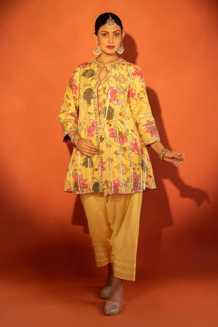 Buy_Tanu Malhotra_Yellow Cotton, Silk, Organza Embroidery, Sequins Floral Printed And Angrakha Set _Online_at_Aza_Fashions