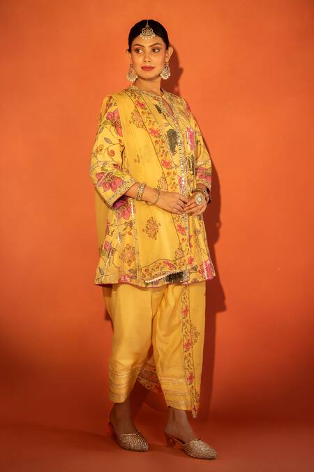 Tanu Malhotra_Yellow Cotton, Silk, Organza Embroidery, Sequins Floral Printed And Angrakha Set _at_Aza_Fashions