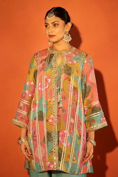 Tanu Malhotra_Pink Cotton Satin, Organza Embroidery, Floral Printed Angrakha Kurta Set  _Online_at_Aza_Fashions