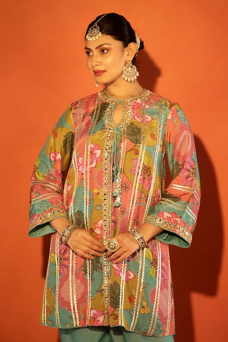 Buy_Tanu Malhotra_Pink Cotton Satin, Organza Embroidery, Floral Printed Angrakha Kurta Set  _Online_at_Aza_Fashions