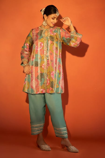 Shop_Tanu Malhotra_Pink Cotton Satin, Organza Embroidery, Floral Printed Angrakha Kurta Set  _Online_at_Aza_Fashions