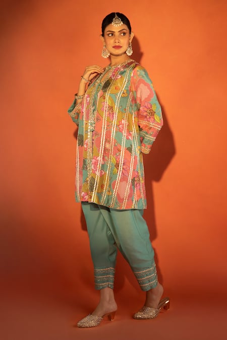 Tanu Malhotra_Pink Cotton Satin, Organza Embroidery, Floral Printed Angrakha Kurta Set  _at_Aza_Fashions