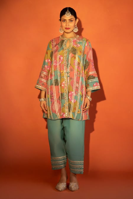 Buy_Tanu Malhotra_Pink Cotton Satin, Organza Embroidery, Floral Printed Angrakha Kurta Set  