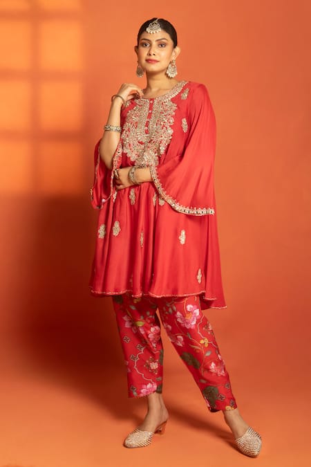 Buy_Tanu Malhotra_Red Cotton, Silk, Organza Embroidery, Metallic Thread, Zari Round Anarkali Set 