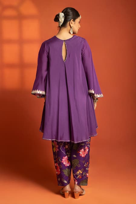 Tanu Malhotra_Purple Cotton Satin, Cotton, Silk, Organza Embroidery, Sequins, Anarkali Set _Online_at_Aza_Fashions
