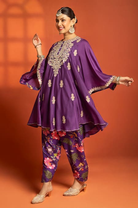 Buy_Tanu Malhotra_Purple Cotton Satin, Cotton, Silk, Organza Embroidery, Sequins, Anarkali Set _Online_at_Aza_Fashions