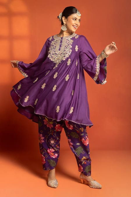 Shop_Tanu Malhotra_Purple Cotton Satin, Cotton, Silk, Organza Embroidery, Sequins, Anarkali Set _Online_at_Aza_Fashions