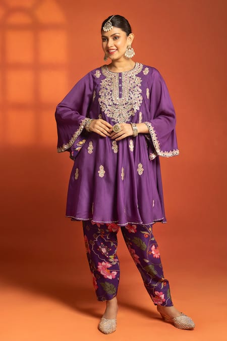 Tanu Malhotra_Purple Cotton Satin, Cotton, Silk, Organza Embroidery, Sequins, Anarkali Set _at_Aza_Fashions
