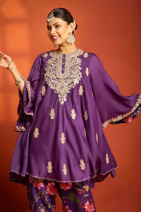 Buy_Tanu Malhotra_Purple Cotton Satin, Cotton, Silk, Organza Embroidery, Sequins, Anarkali Set 