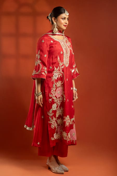 Buy_Tanu Malhotra_Red Cotton, Silk, Net Embroidery, Mirrors Round Neck Kurta Set _Online_at_Aza_Fashions
