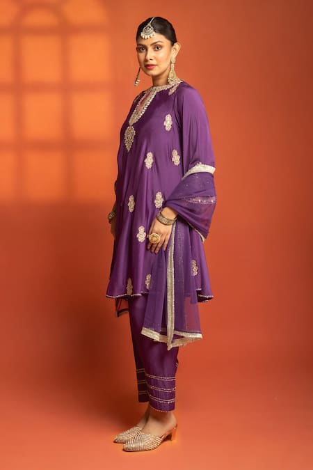 Buy_Tanu Malhotra_Purple Cotton Satin, Cotton, Silk, Net Embroidery, Zari, Flared Kurta Salwar Set _Online_at_Aza_Fashions