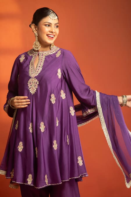 Tanu Malhotra_Purple Cotton Satin, Cotton, Silk, Net Embroidery, Zari, Flared Kurta Salwar Set _at_Aza_Fashions