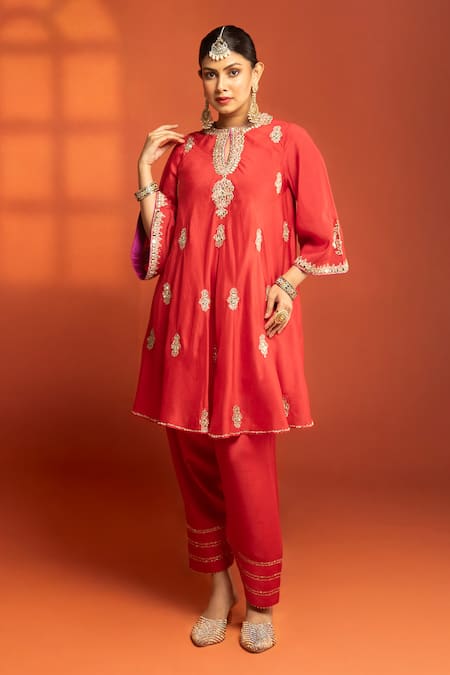 Tanu Malhotra_Red Cotton, Silk, Net Embroidery, Metallic Thread, Flared Kurta Salwar Set _Online_at_Aza_Fashions