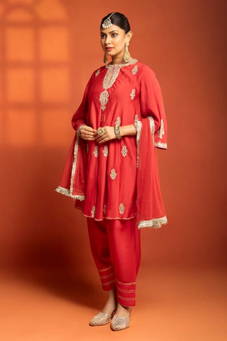 Buy_Tanu Malhotra_Red Cotton, Silk, Net Embroidery, Metallic Thread, Flared Kurta Salwar Set _Online_at_Aza_Fashions