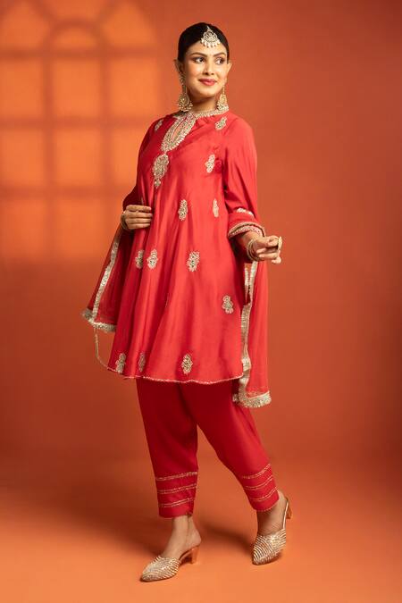 Shop_Tanu Malhotra_Red Cotton, Silk, Net Embroidery, Metallic Thread, Flared Kurta Salwar Set _Online_at_Aza_Fashions