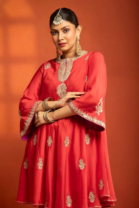 Tanu Malhotra_Red Cotton, Silk, Net Embroidery, Metallic Thread, Flared Kurta Salwar Set _at_Aza_Fashions
