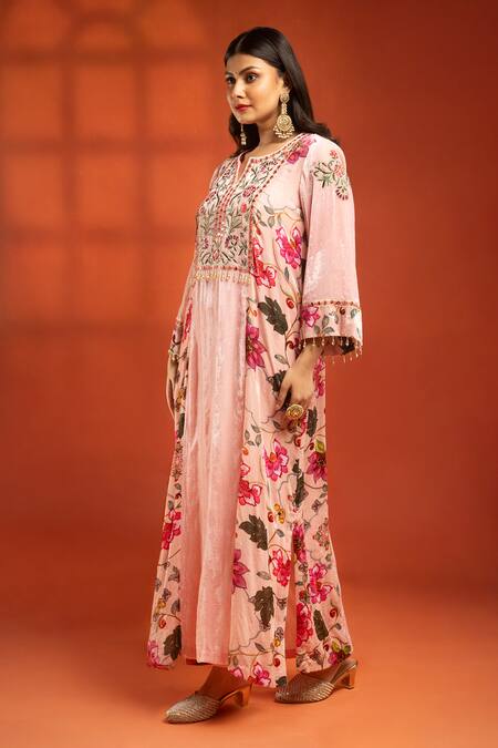 Buy_Tanu Malhotra_Pink Velvet, Lycra Embroidery, Beads, Printed Side-panel Kurta And Churidar Set _Online_at_Aza_Fashions