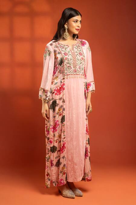 Tanu Malhotra_Pink Velvet, Lycra Embroidery, Beads, Printed Side-panel Kurta And Churidar Set _at_Aza_Fashions