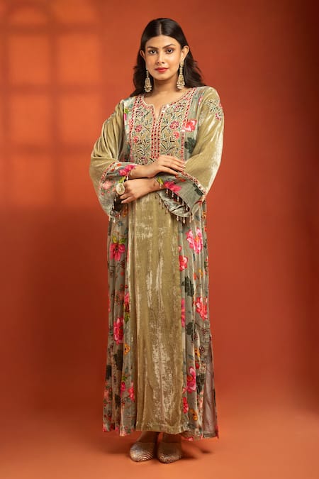 Buy_Tanu Malhotra_Green Silk, Velvet, Lycra Printed Side-panel Long Kurta And Churidar Set _Online_at_Aza_Fashions