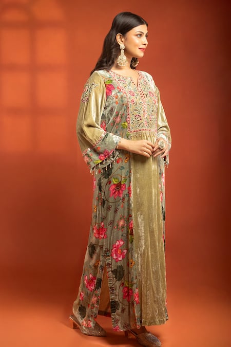 Tanu Malhotra_Green Silk, Velvet, Lycra Printed Side-panel Long Kurta And Churidar Set _at_Aza_Fashions