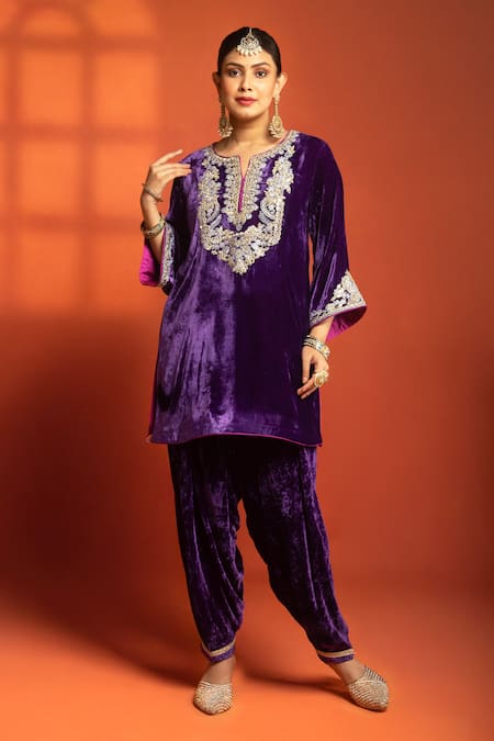 Buy_Tanu Malhotra_Purple Velvet, Silk Embroidery, Metallic Thread, Foil Printing, Kurta Dhoti Set _Online_at_Aza_Fashions