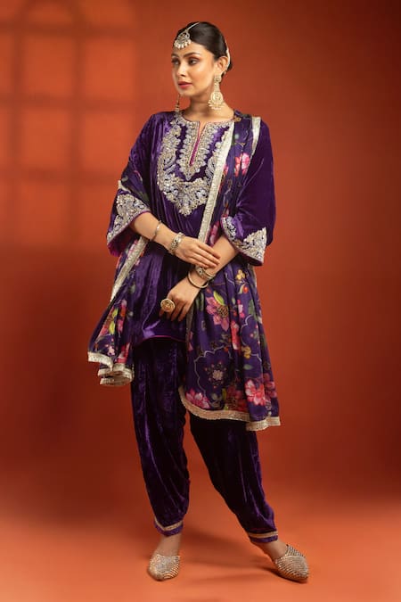 Shop_Tanu Malhotra_Purple Velvet, Silk Embroidery, Metallic Thread, Foil Printing, Kurta Dhoti Set _Online_at_Aza_Fashions