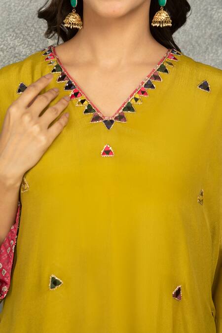 Tanu Malhotra_Mustard Crepe Mirrors V-neck Work Kaftan Kurta And Pant Set _Online_at_Aza_Fashions