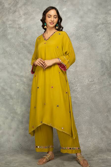 Shop_Tanu Malhotra_Mustard Crepe Mirrors V-neck Work Kaftan Kurta And Pant Set _Online_at_Aza_Fashions