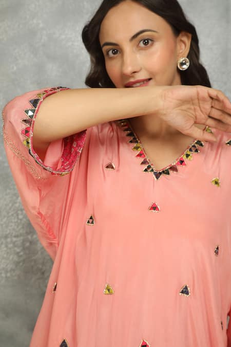 Tanu Malhotra_Peach Crepe Mirrors, Embroidery V-neck High Low Kaftan And Pant Set  _Online_at_Aza_Fashions