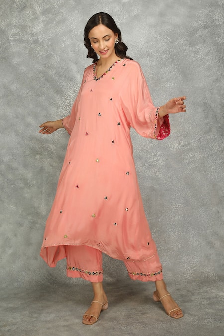 Buy_Tanu Malhotra_Peach Crepe Mirrors, Embroidery V-neck High Low Kaftan And Pant Set  _Online_at_Aza_Fashions