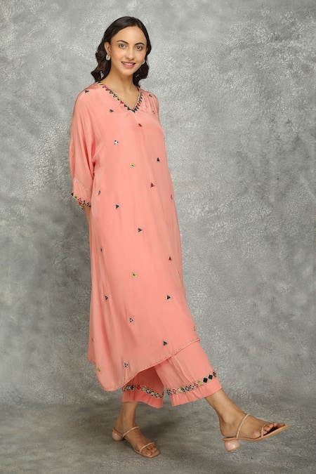 Shop_Tanu Malhotra_Peach Crepe Mirrors, Embroidery V-neck High Low Kaftan And Pant Set  _Online_at_Aza_Fashions