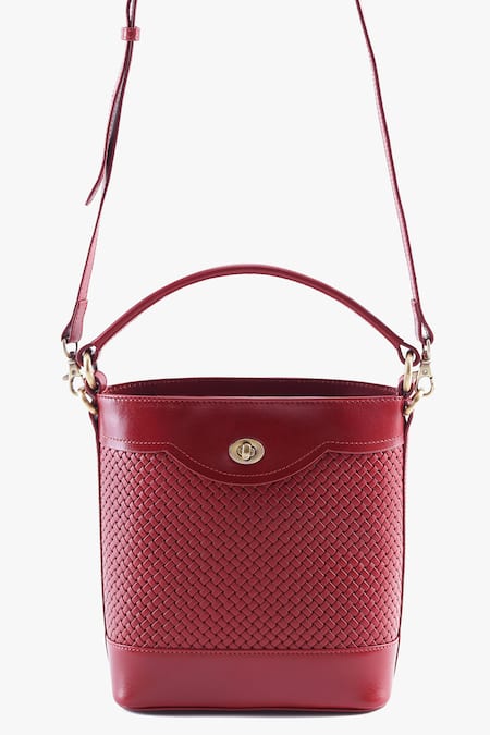 Tan & Loom_Red Portobello Cherry Leather Bucket Bag _at_Aza_Fashions