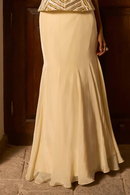 Saangi_Ivory Crepe, Viscose Sequins, Zari, Embroidery Ember Sculpted Corset With Skirt _Online_at_Aza_Fashions