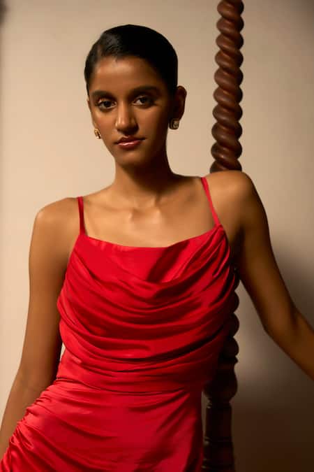 Buy_Saangi_Red Viscose, Satin Cowl Neck Neckline Draped Gown _Online_at_Aza_Fashions