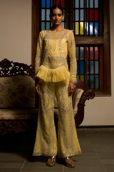 Saangi Lime Radiance Embellished Peplum Sharara Co-ord Set 