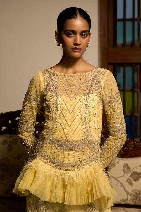 Buy_Saangi_Yellow Viscose, Net, Satin Lime Radiance Embellished Peplum Sharara Co-ord Set _Online_at_Aza_Fashions