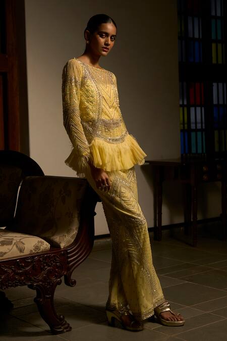 Shop_Saangi_Yellow Viscose, Net, Satin Lime Radiance Embellished Peplum Sharara Co-ord Set _Online_at_Aza_Fashions