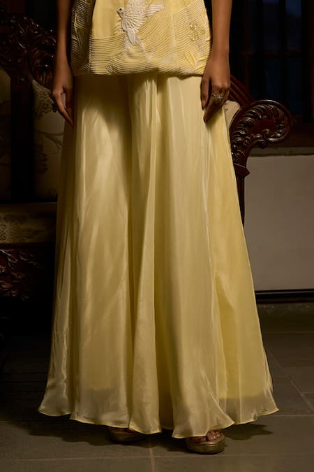 Buy_Saangi_Yellow Organza, Satin Embroidery, Lemon Glow Peplum Kurta And Palazzo Co-ord Set _Online_at_Aza_Fashions