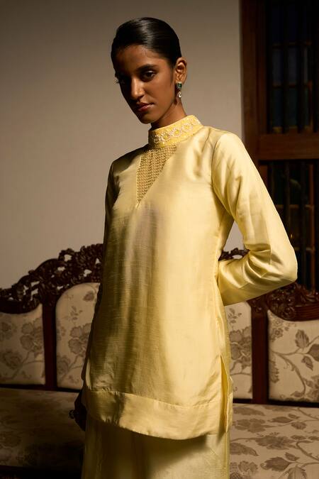 Buy_Saangi_Yellow Viscose, Silk, Crepe Beads, Amber Grace Kurta And Flared Sharara Co-ord Set _Online_at_Aza_Fashions