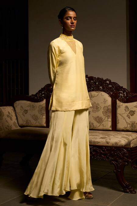 Shop_Saangi_Yellow Viscose, Silk, Crepe Beads, Amber Grace Kurta And Flared Sharara Co-ord Set _Online_at_Aza_Fashions
