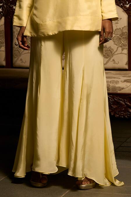 Saangi_Yellow Viscose, Silk, Crepe Beads, Amber Grace Kurta And Flared Sharara Co-ord Set _at_Aza_Fashions