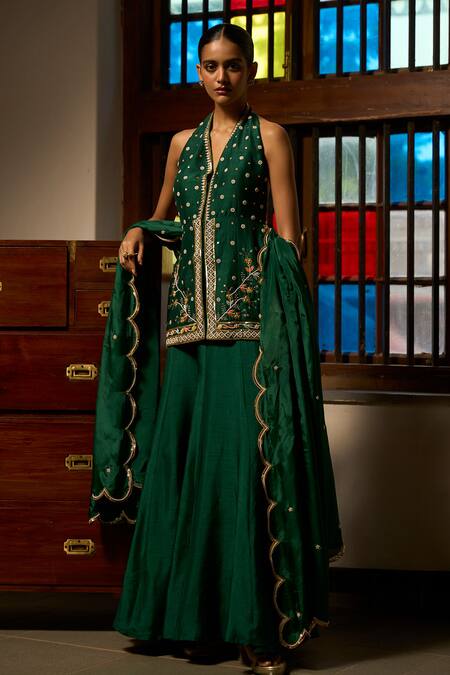 Shop_Saangi_Emerald Green Silk, Organza Embroidery, Sequins Halter The Harmony Kurta Set _Online_at_Aza_Fashions
