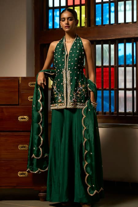 Saangi_Emerald Green Silk, Organza Embroidery, Sequins Halter The Harmony Kurta Set _at_Aza_Fashions