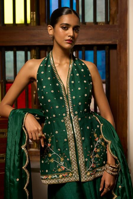 Buy_Saangi_Emerald Green Silk, Organza Embroidery, Sequins Halter The Harmony Kurta Set 